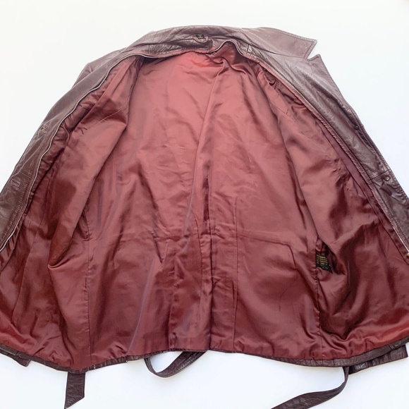 Vintage 90s Red Brown Leather Button Jacket Blazer Tie Waist Removable Lining L - Picture 3 of 16